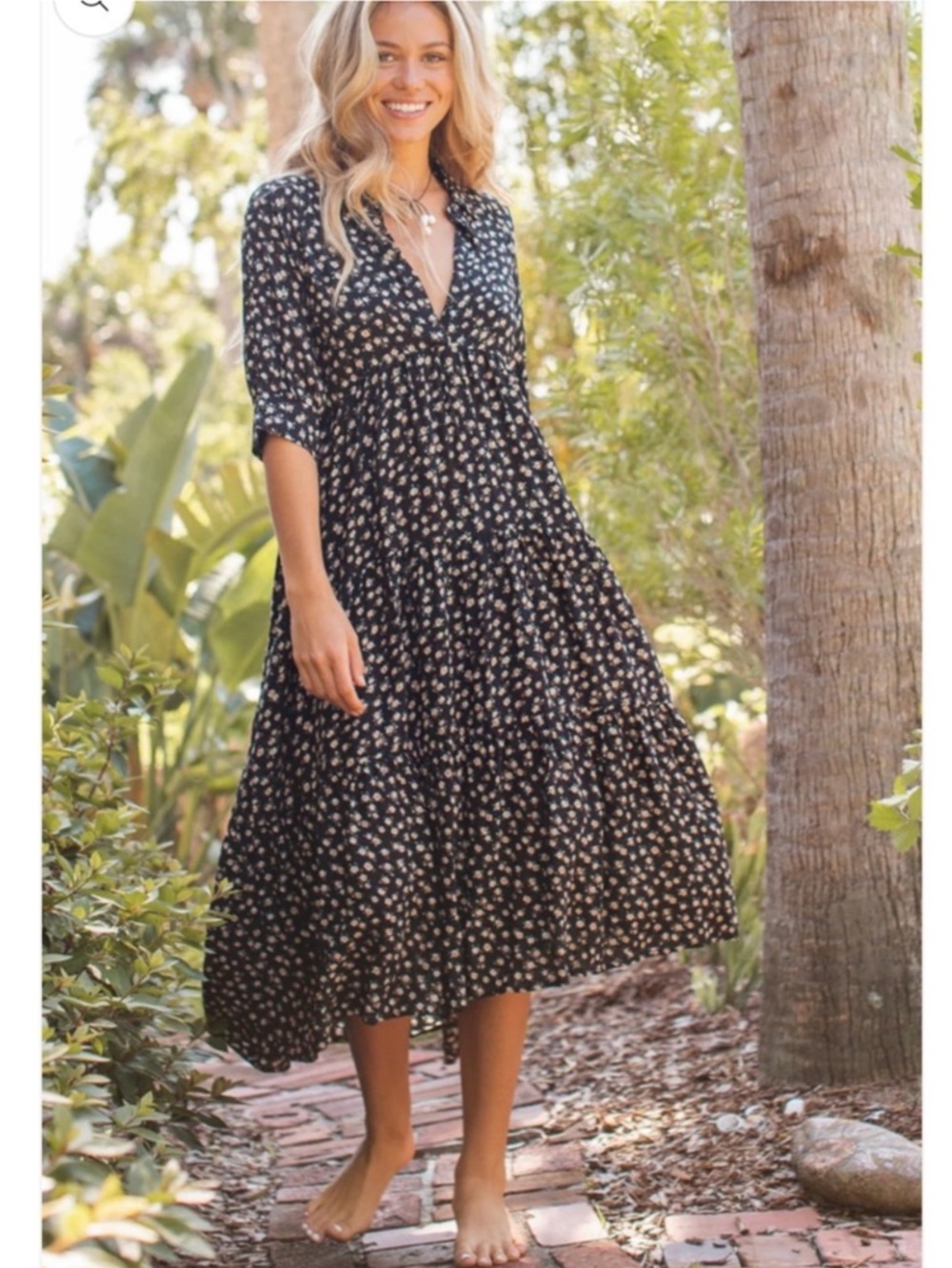 Natural Life  Black Floral Short Sleeve Tiered Long Midi Boho Dress